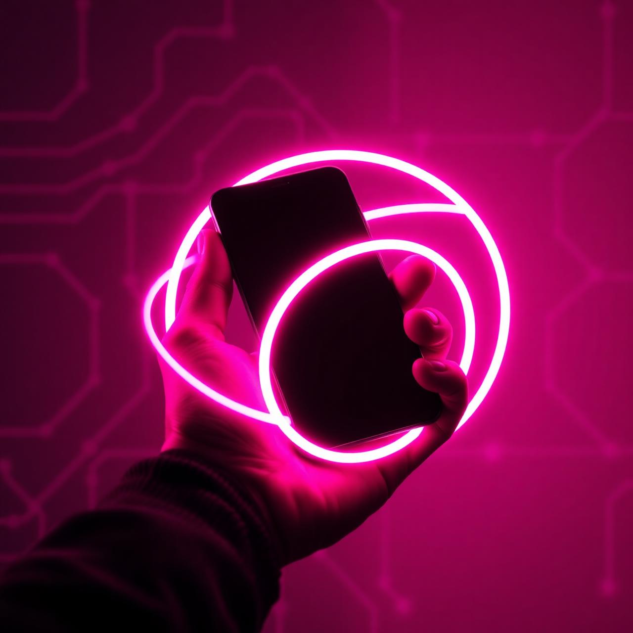 HerTwin AI digital twin holding phone with neon rings